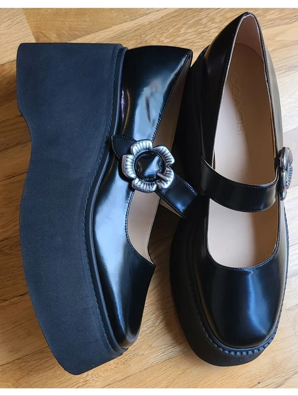Coach Tea Rose Platform Mary Jane Shoes Black 9.5 Emo Whimsigoth 70s Chunky